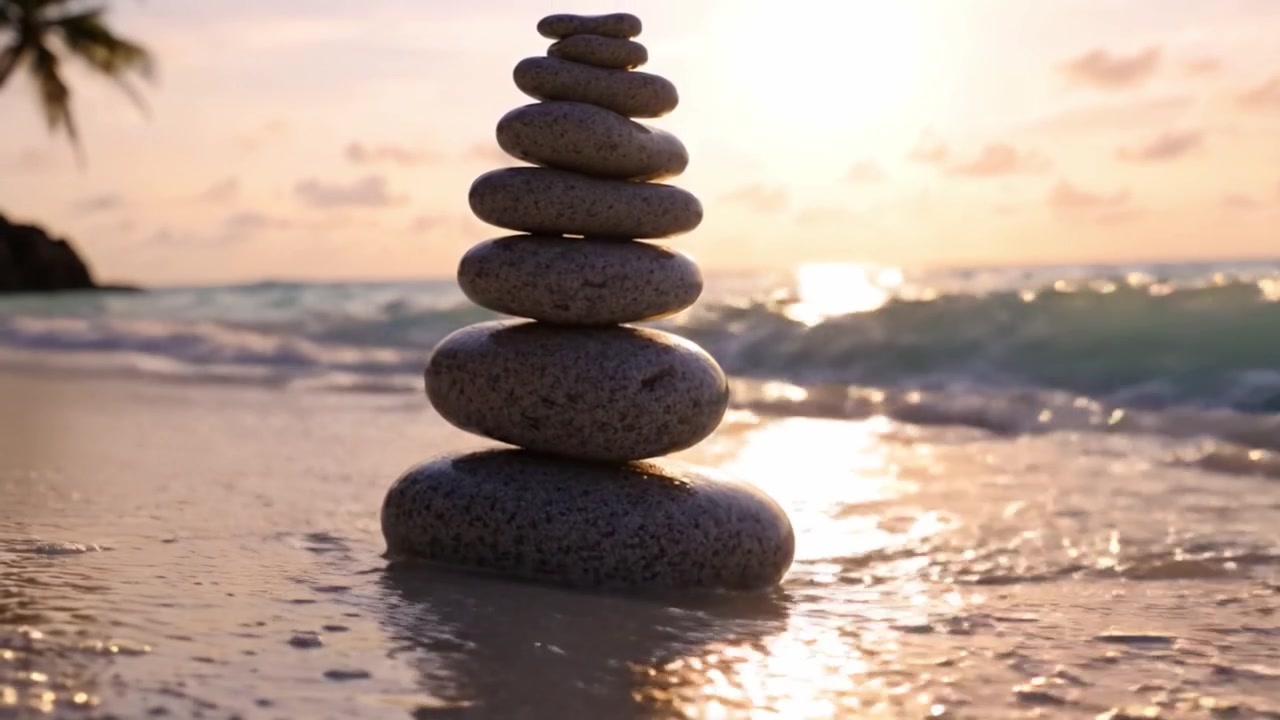 Un tramonto sereno sulla spiaggia che mostra una pila equilibrata di pietre lisce, catturando la tranquillità della natura e il flusso delle onde delicate