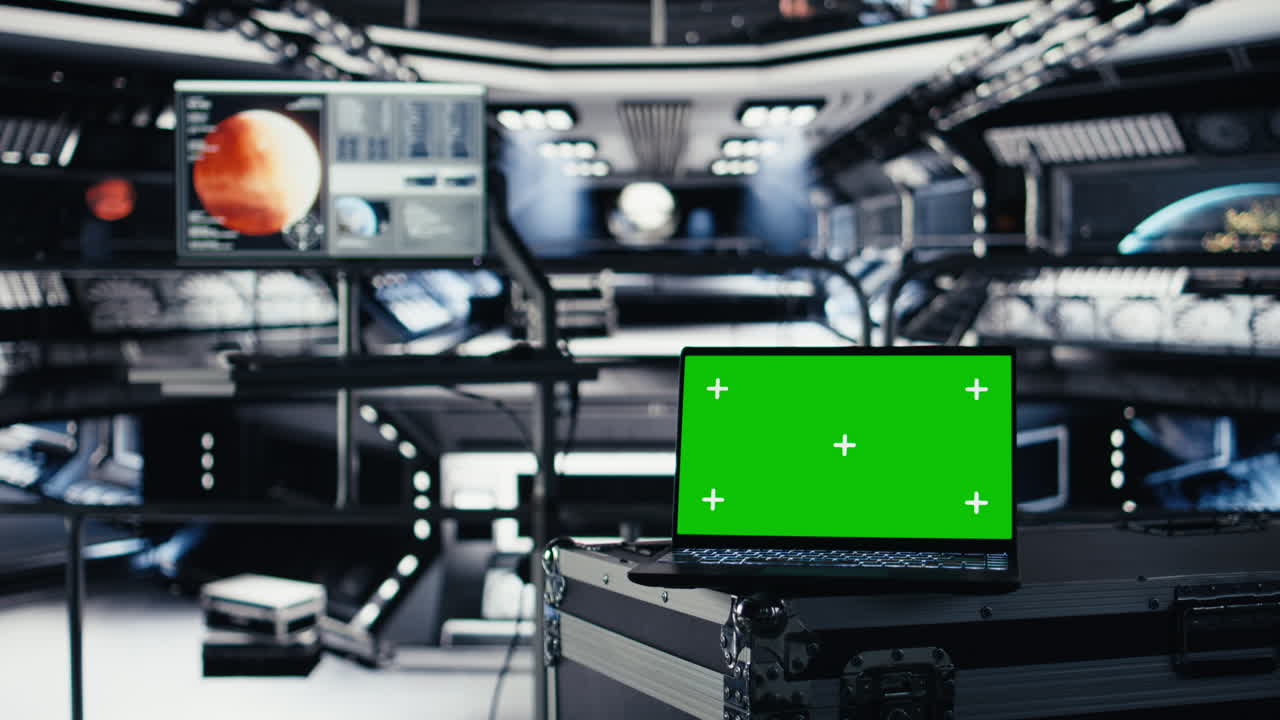 Mockup laptop in orbital station surrounded by display tracking Mars telemetry