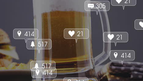 social media notifications animation over beer mug and snacks