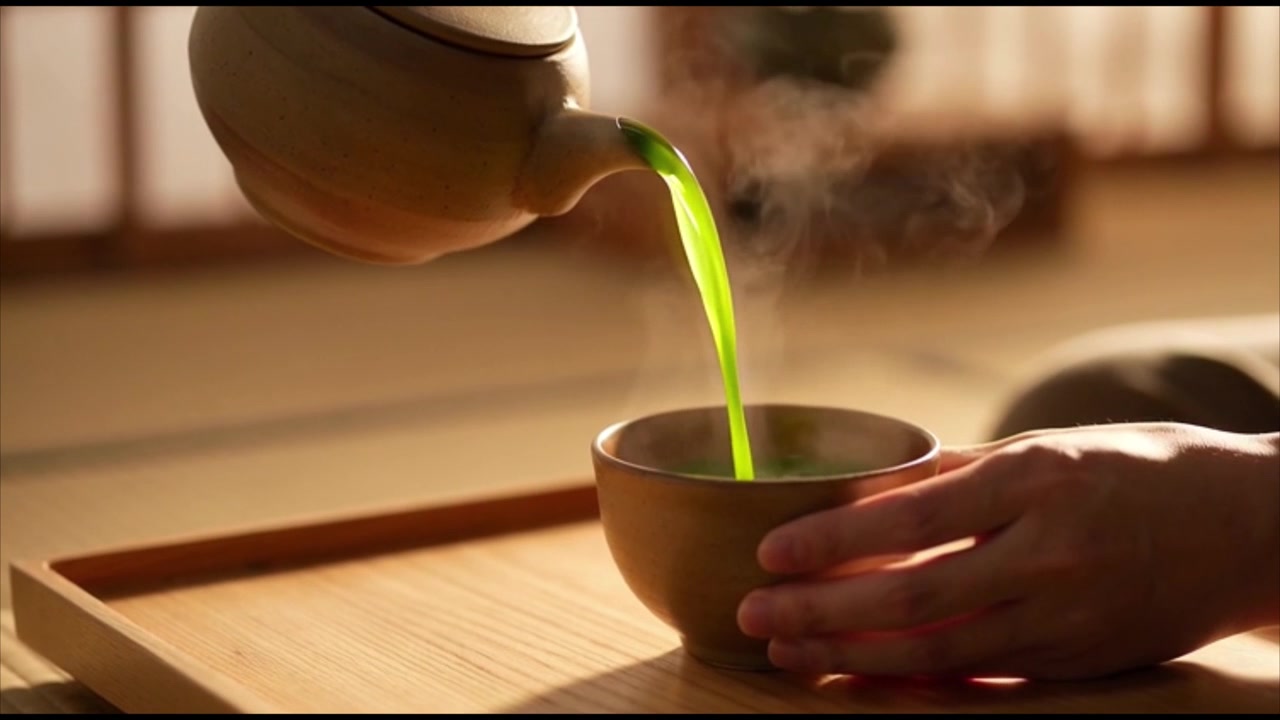 熱い抹茶を陶器の茶碗に注いでいる