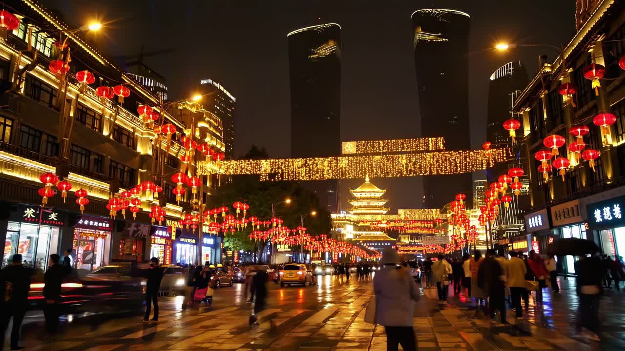 People walking down a vibrant Chinese street at night. Adorned with traditional red lanterns and illuminated decorations. Enjoying the festive atmosphere of Spring Festival with a dazzling laser show