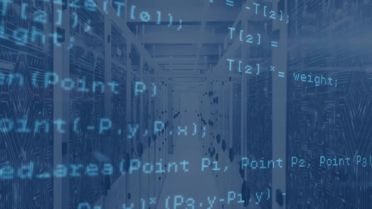 Animation of computer language over circuit board pattern on server racks in server room