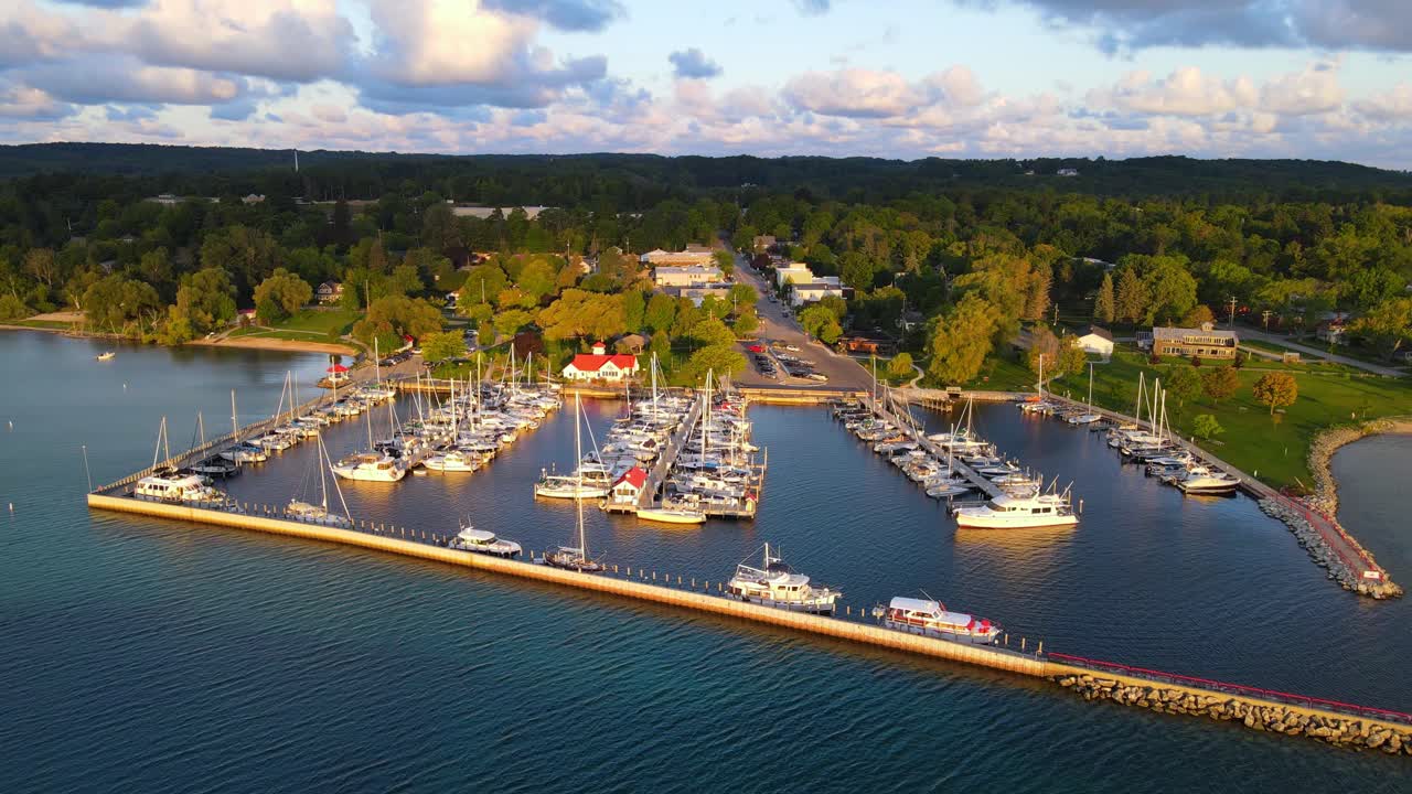 Sun lits on beautiful Marina in USA, aerial drone view