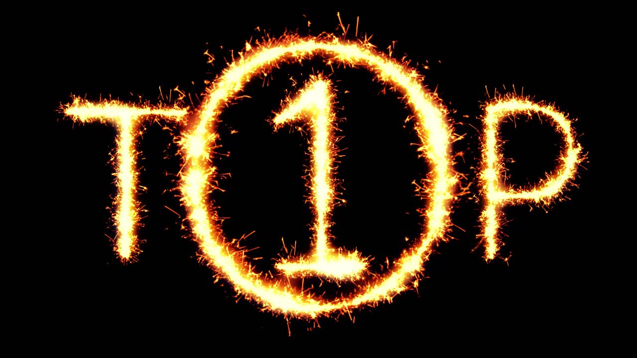 Top 1 text sparkler writing with glitter sparks particles firework on black 4k loop background