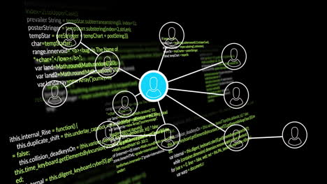 animation of digital data processing with network of connections and icons over black background