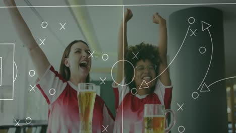 Animation-of-football-pitch-over-diverse-friends-in-football-shirts-having-drink-in-bar