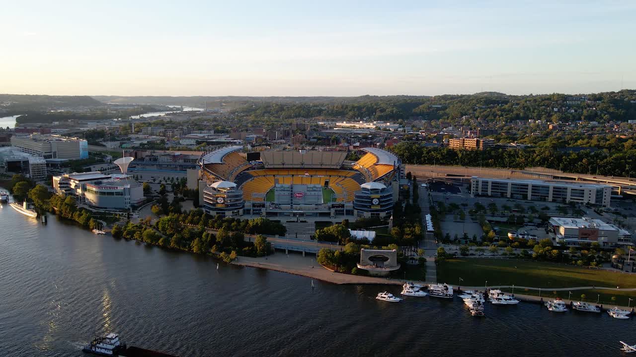 Aerial view around the Heinz field stadium, Pittsburgh, USA - circling, drone shot