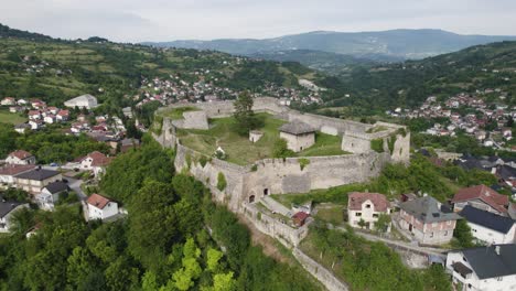 aerial orbit medieval castle walls of jajce fortress in bosnia and herzegovina