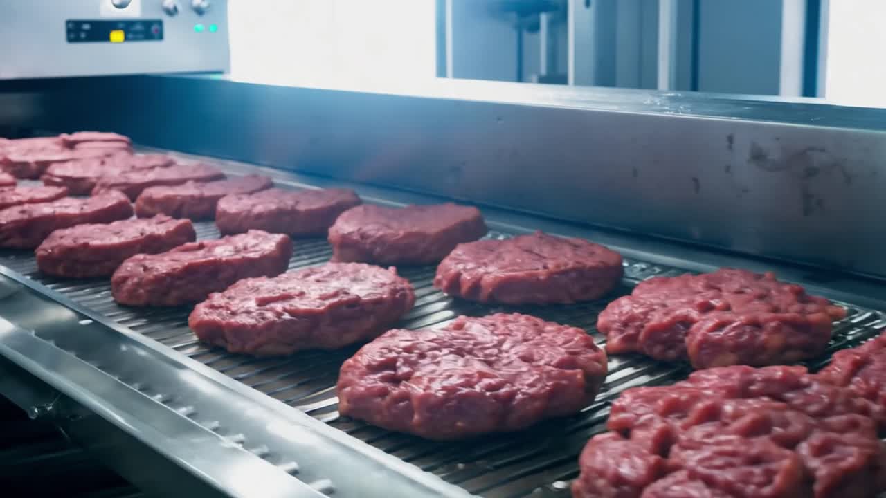 Burger patties on a conveyor belt