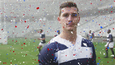 animation of confetti over male rugby players during match at stadium