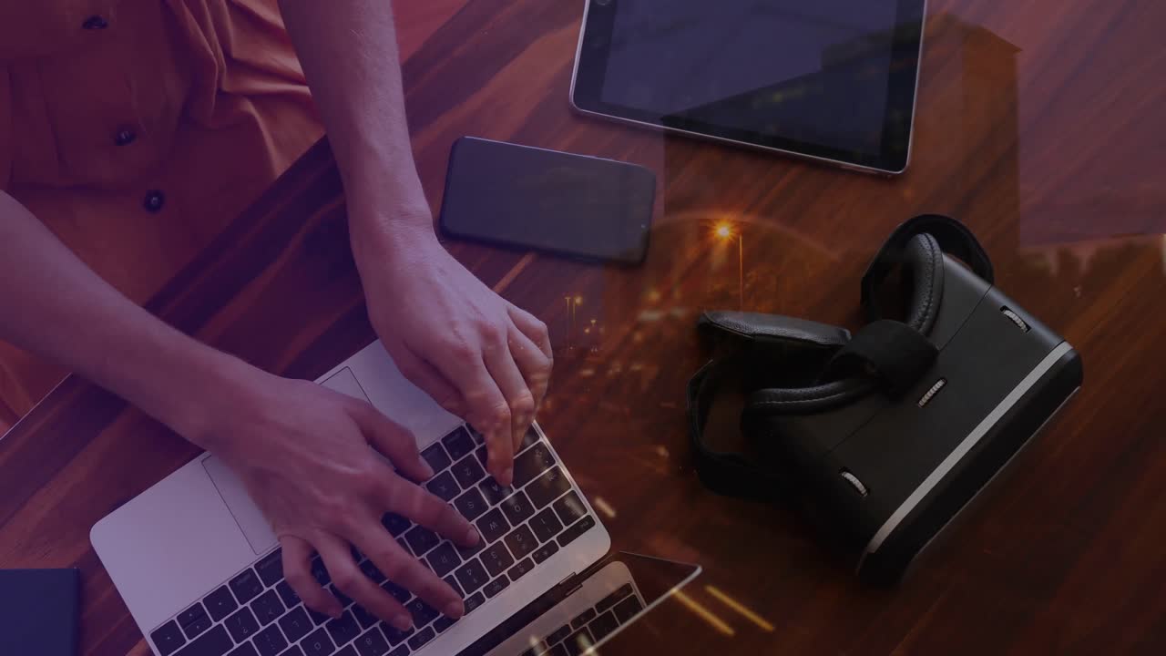 Animation of caucasian businesswoman using laptop in office over cityscape