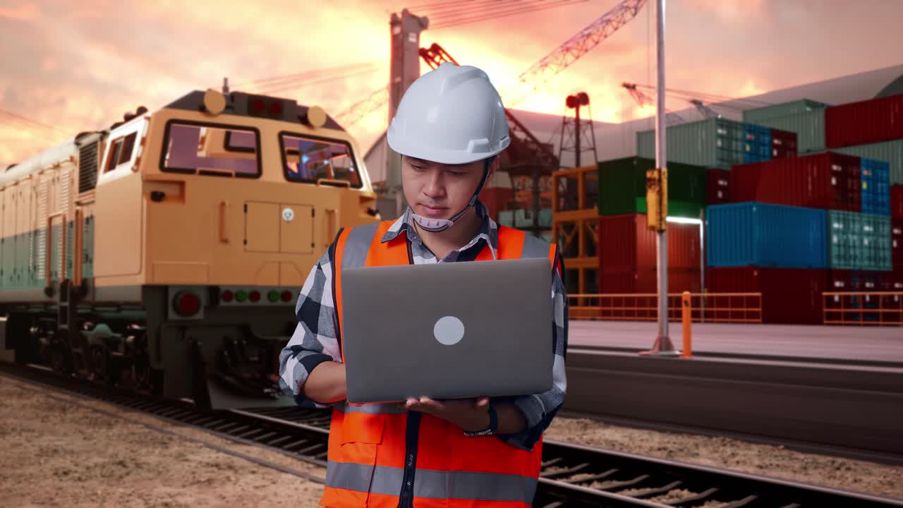 Engineer working on laptop at railway port