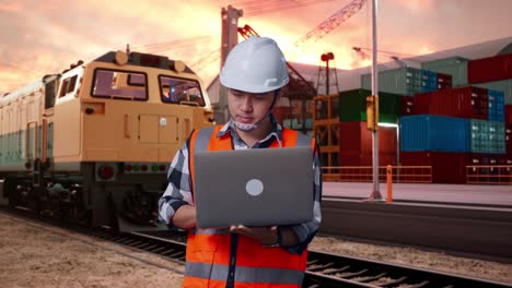 engineer working on laptop at railway port