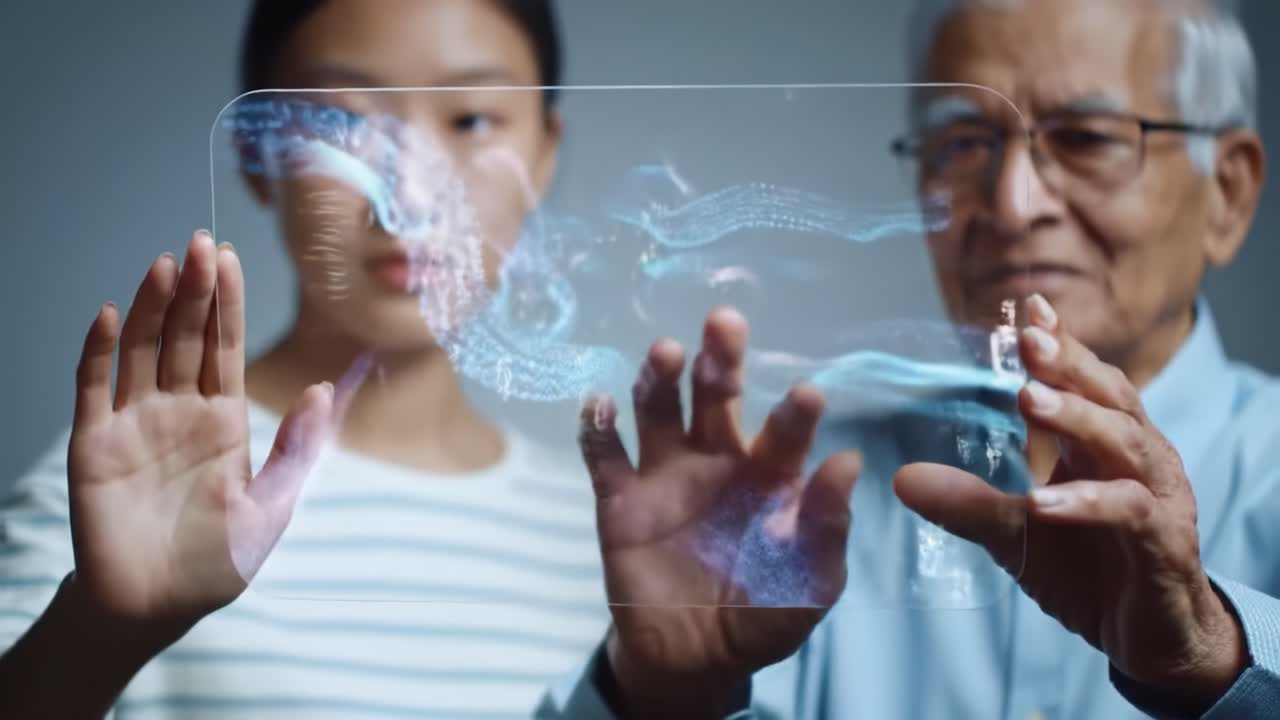 A young person and an older man engage with a holographic display, exploring digital numbers and patterns. They share a moment of learning and discovery, bridging tradition and innovation.