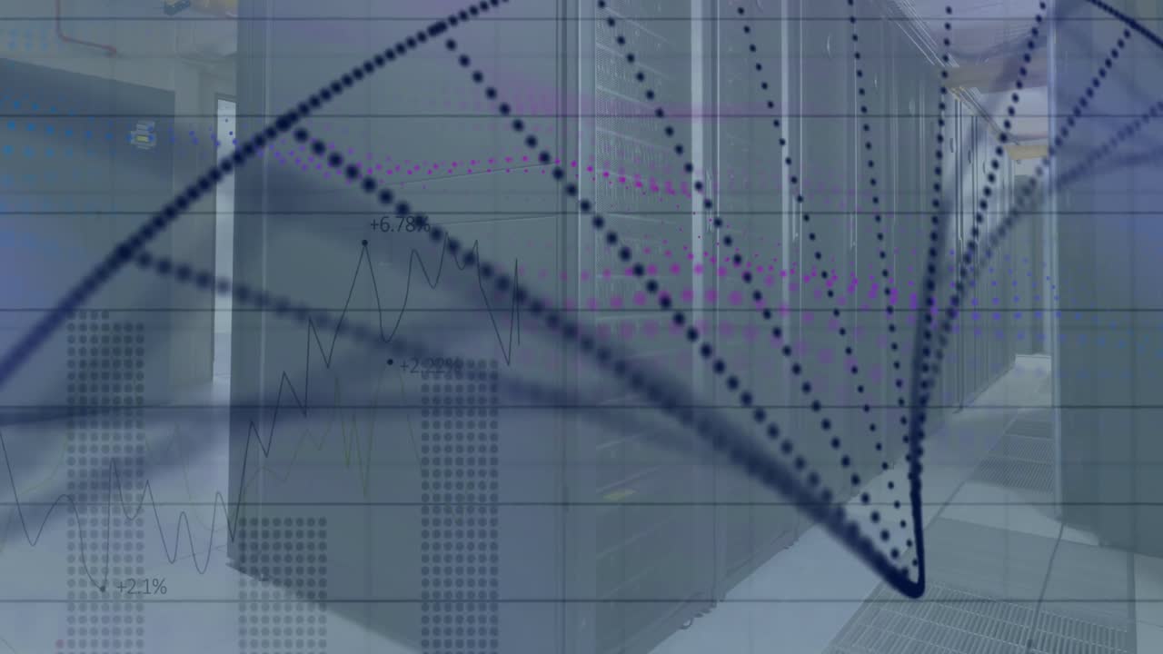 el video muestra una cadena de adn 3d formándose a partir de partículas blancas girando en un bac púrpura y negro.