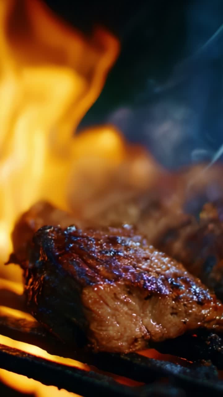 Sizzling Meat on a Grill with Flames: Captivating Close-Up of Juicy Steak Cooking Over a Smoky Fire, Capturing the Essence of Outdoor Barbecue and Grilling