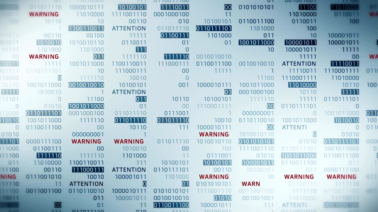 mensaje de advertencia y atención con números binarios. web en línea con animación de bucle de tecnología digital. concepto de error de problema de red informática.
