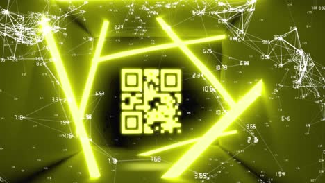 Animation-Von-Blinkendem-QR-Code-über-Abstraktem-Muster-Und-Programmiersprache-Auf-Schwarzem-Hintergrund