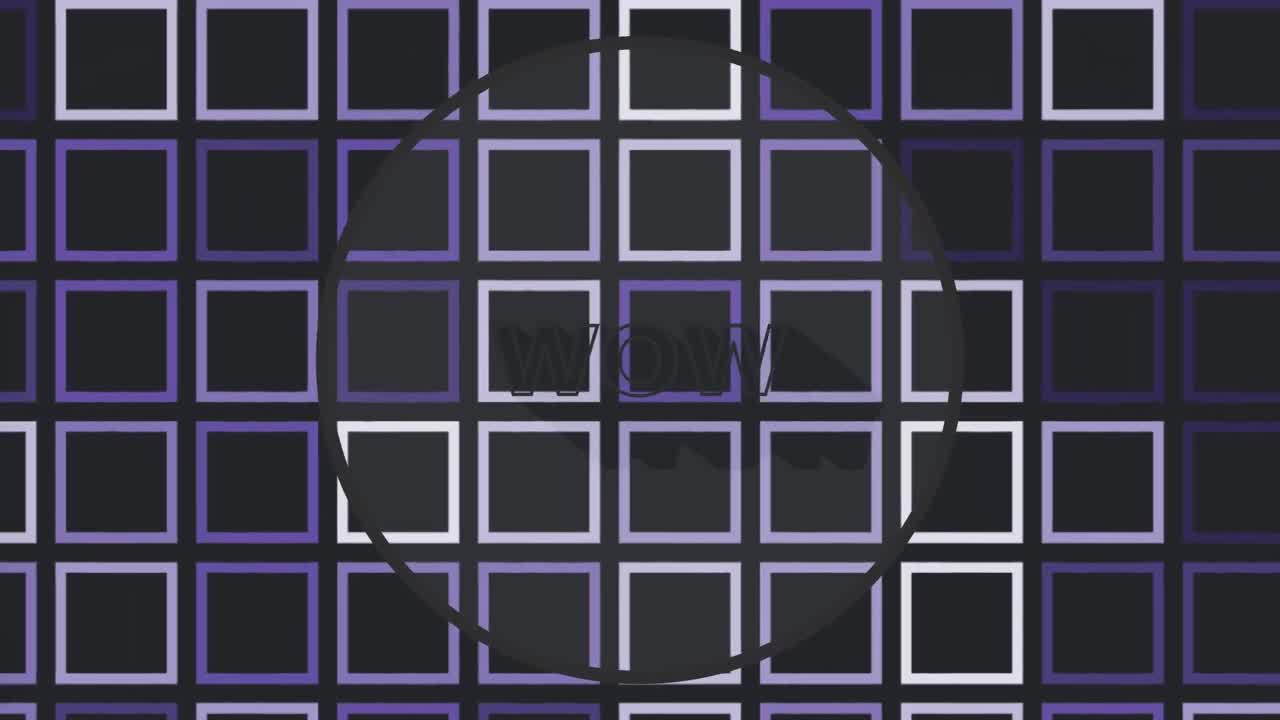 Animation of wow text over squares on black background