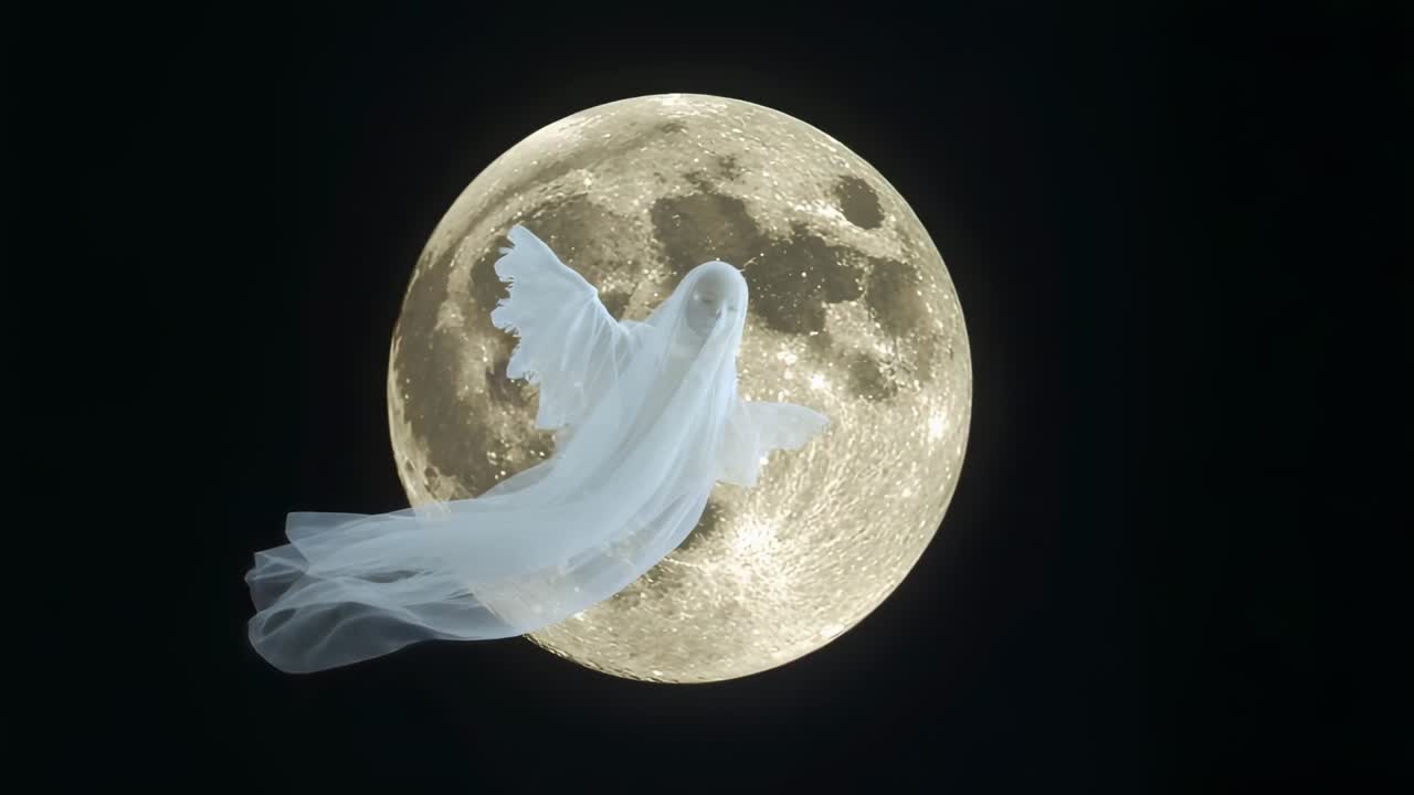 Emerging from left side of moon sheeted figure drifting before vanishing into darkness in night sky