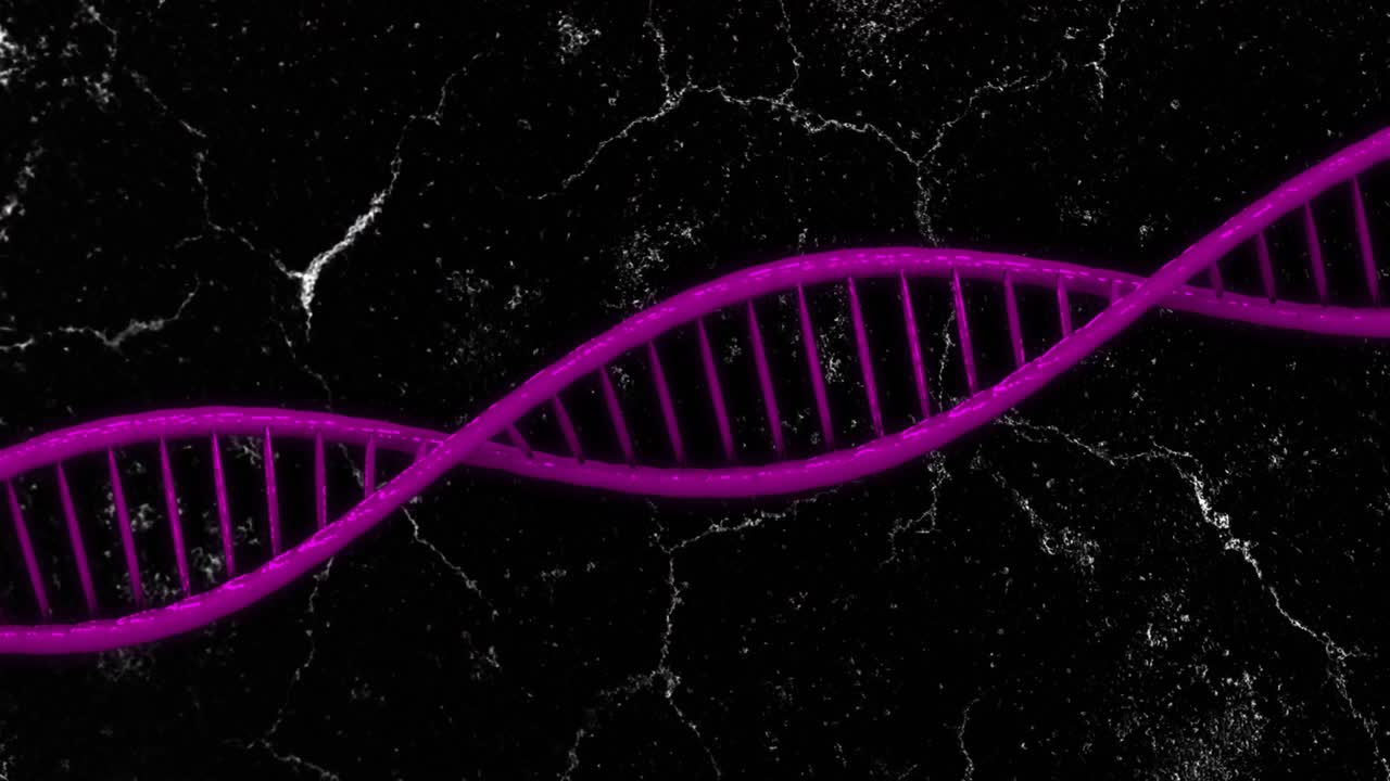 Purple DNA helix emerging left, sliding right, rotating, revealing rungs against cracked backdrop