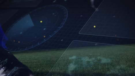 animation of data processing with scope scanning over football player kicking ball