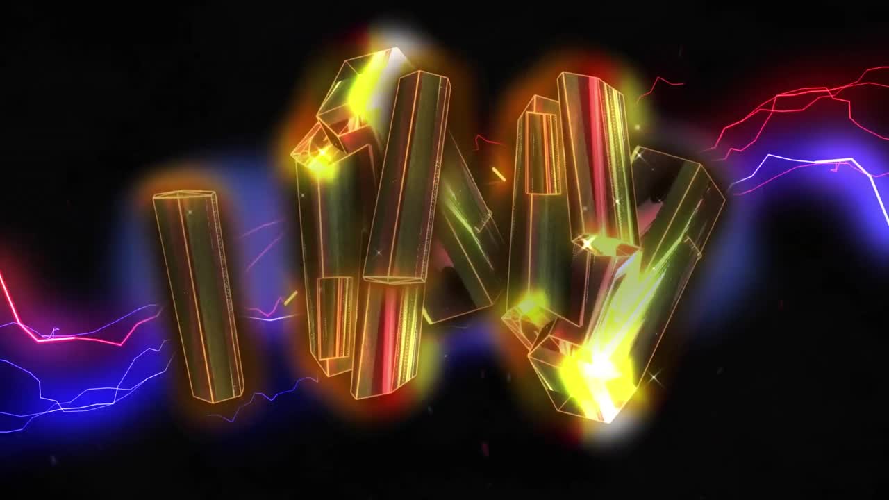 ⁇ 은색과 파란색의 전기 전류 위에 떠다니는 반 ⁇ 이는 금색 금속 막대기의 애니메이션, 검은색