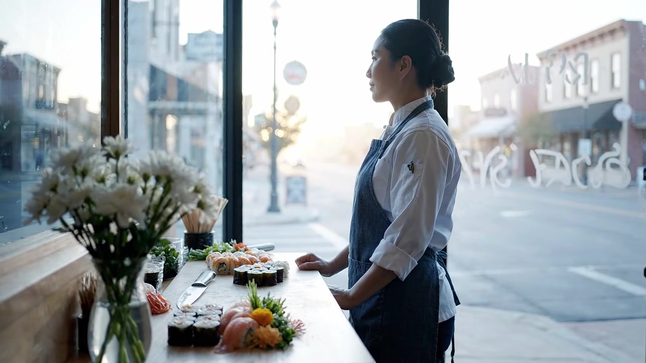 Chef contemplativo che supervisiona la creazione di sushi, circondato da ingredienti culinari e ingredienti freschi al tramonto in un accogliente ambiente di ristorante.