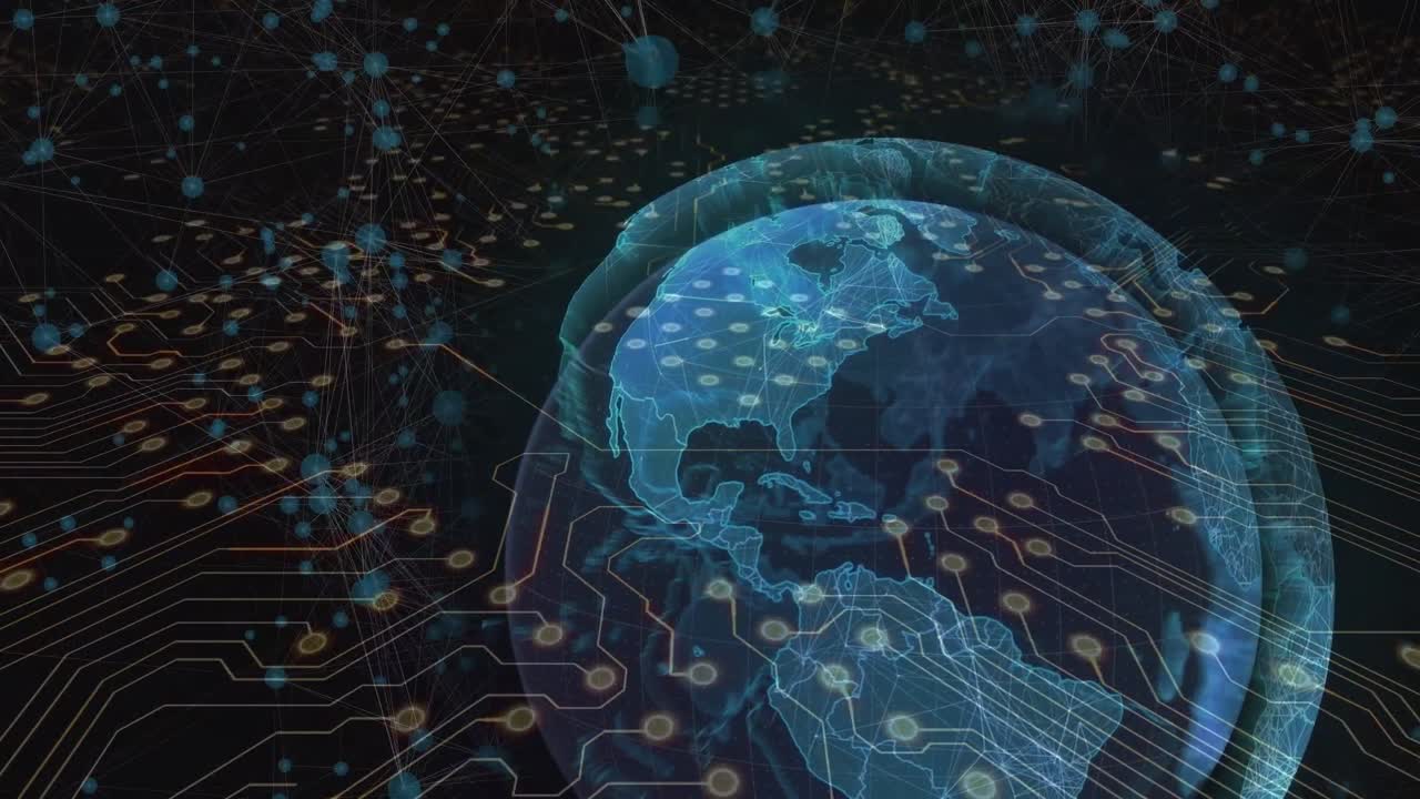 Animation of brain over integrated circuit and globe on black background