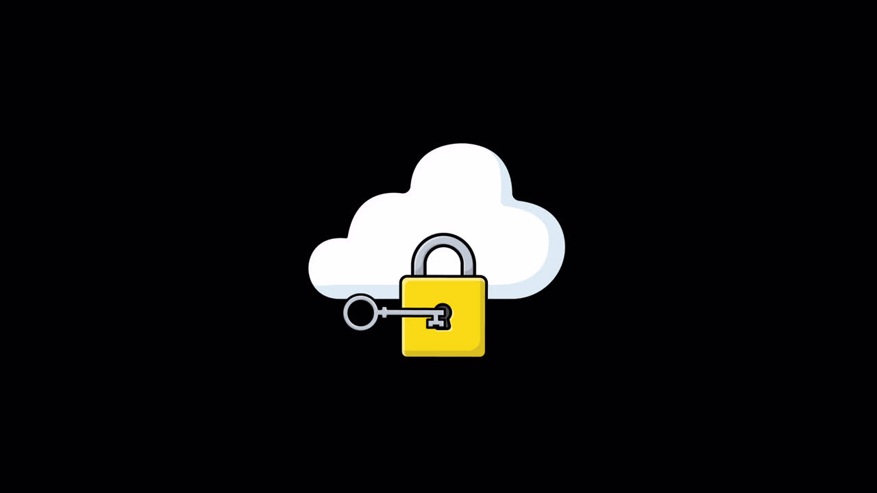 Concetto animato di sicurezza cloud con chiave e lucchetto.