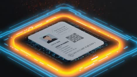 a digital identifier with embedded security features illuminated against a dark background, showcasing high-tech integration and user authentication elements