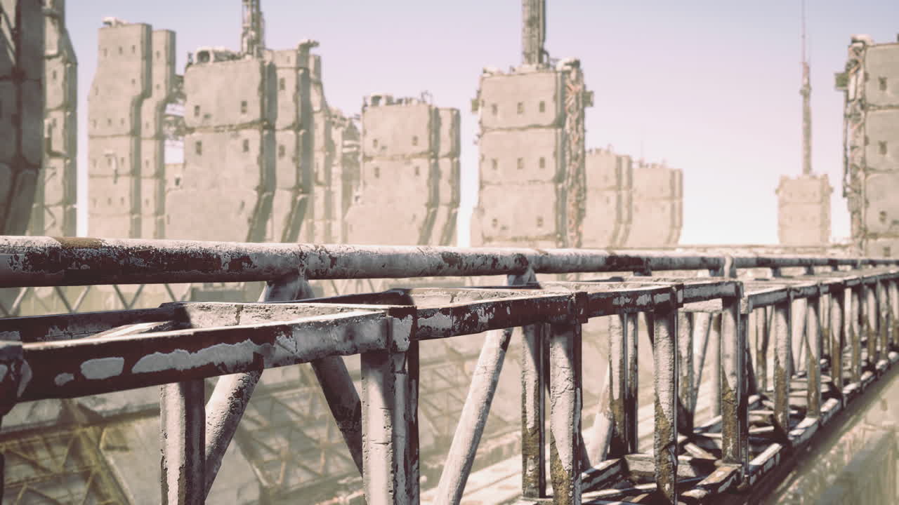 Ruins of a futuristic city with an abandoned bridge during daylight hours