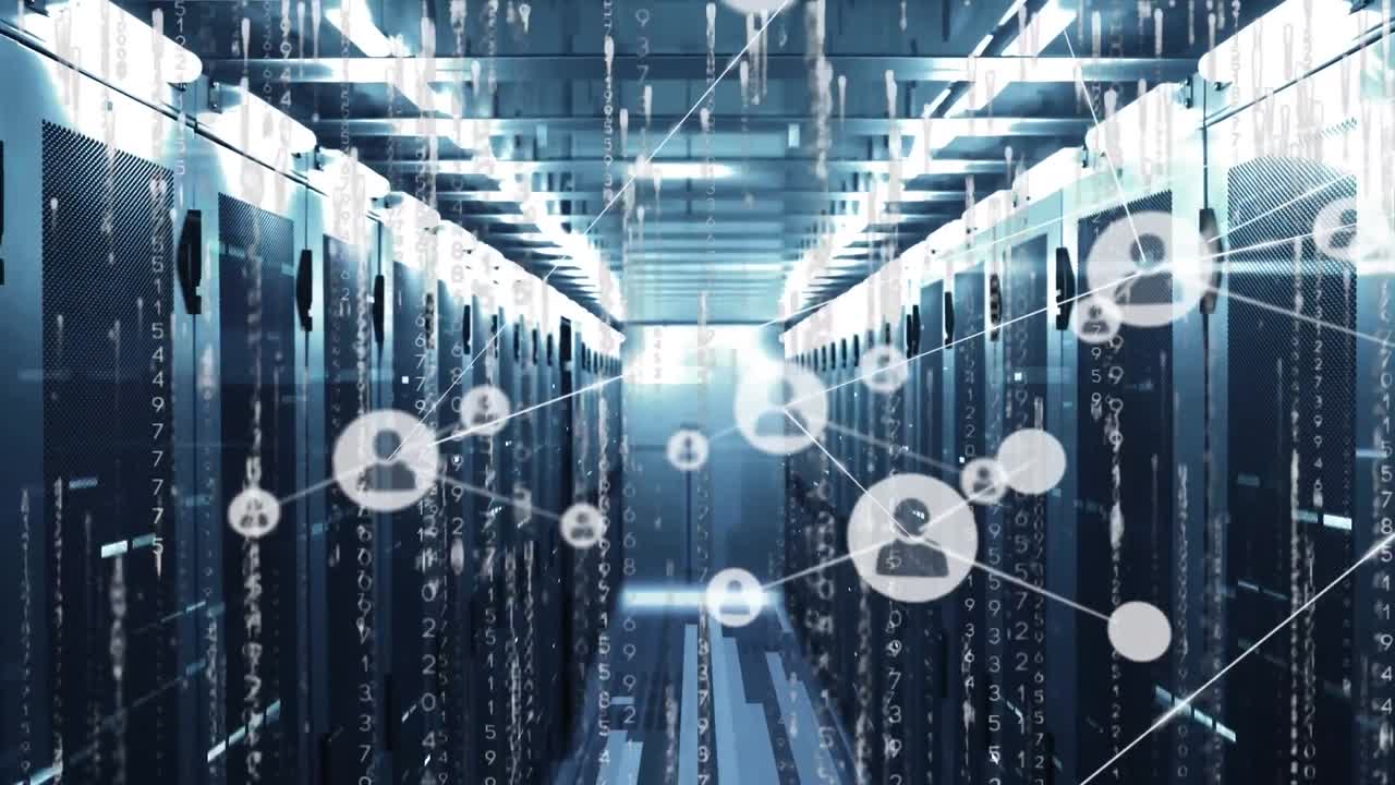 Animation of network of profile icons, mosaic squares and binary coding against computer server room