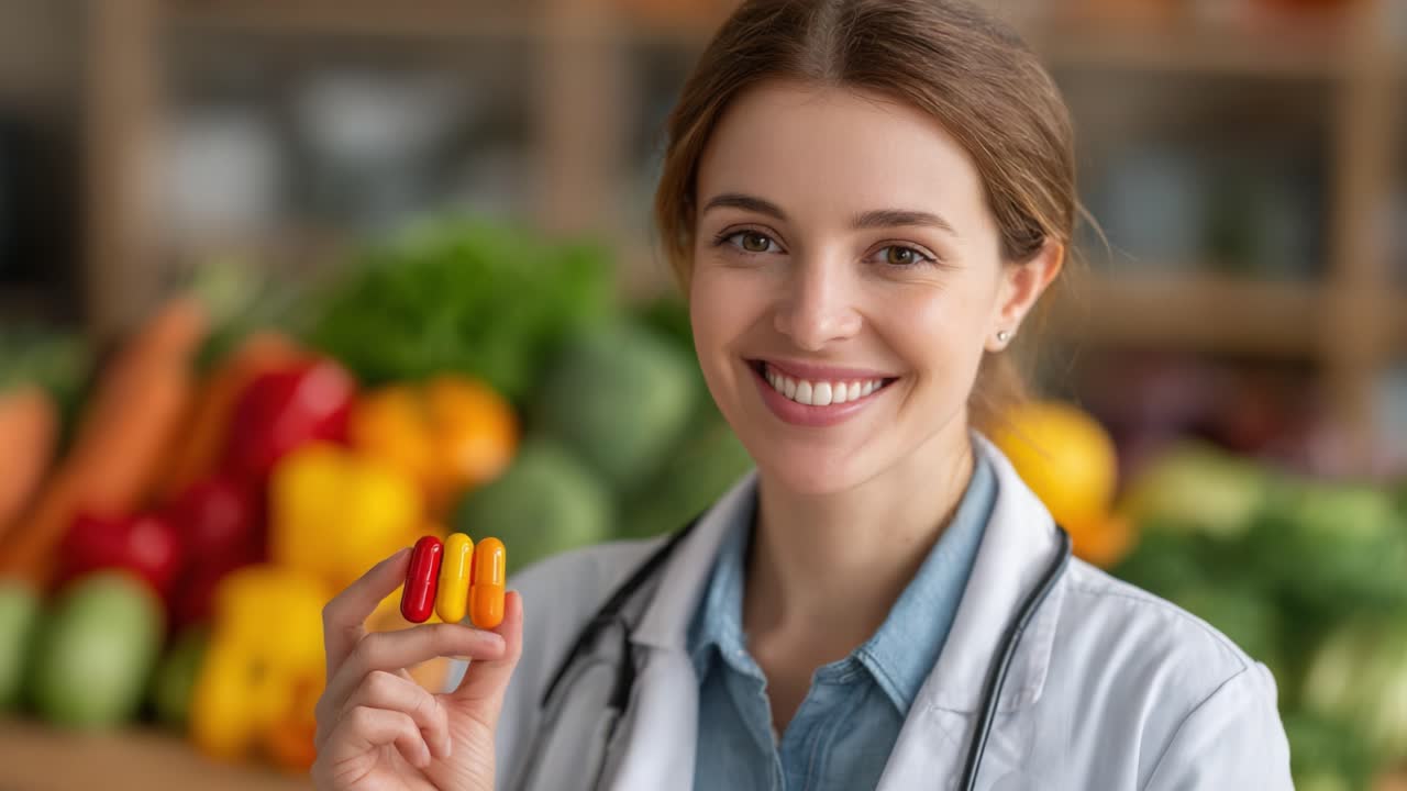 Sorridete professionisti del settore sanitario che mostrano capsule colorate tra prodotti freschi, evidenziando il legame tra dieta e integratori per il benessere