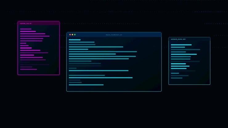 Antarmuka Digital Menampilkan Beberapa Jendela Terminal dengan Kode
