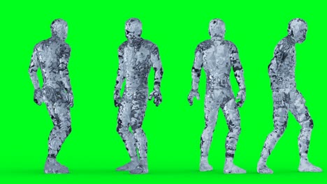 ice, glass man character animation. isolate on green screen.