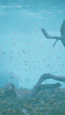 a school of fish swimming around driftwood in clear blue water