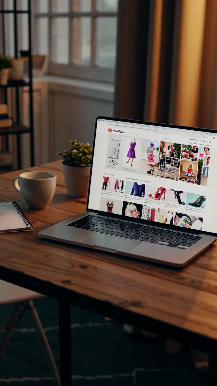 Warm-toned video still of a laptop on a wooden table, angled slightly from above