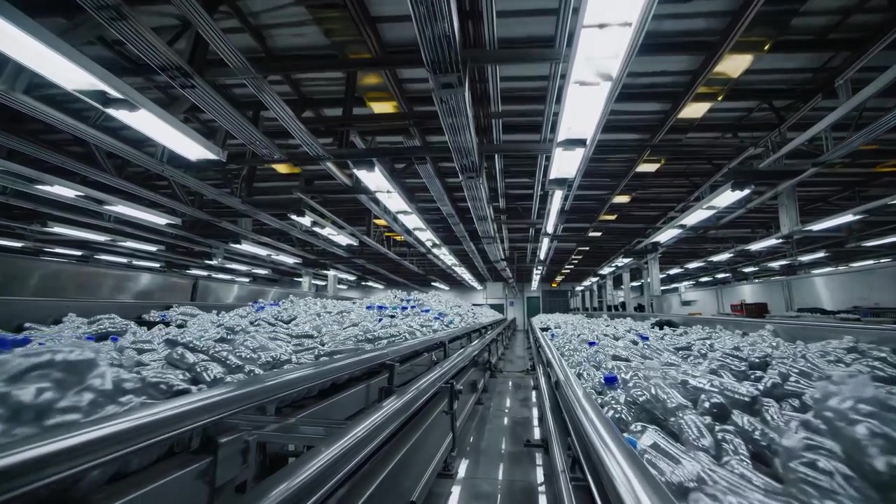 Plastic Bottles Moving Along Industrial Conveyor Belts in Factory