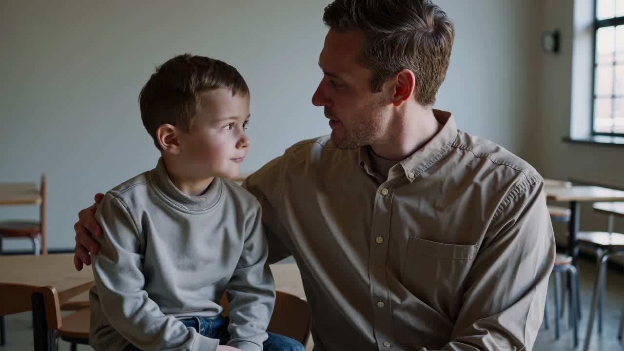 Father and son sitting together, embracing and engaging in a heartfelt conversation, demonstrating the importance of family connection and communication