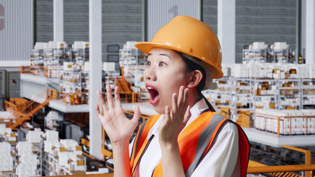 안전 헬을 입은 아시아 여성 엔지니어가 배달 물품으로 가득 찬 선반과 함께 창고에 서 있습니다.
