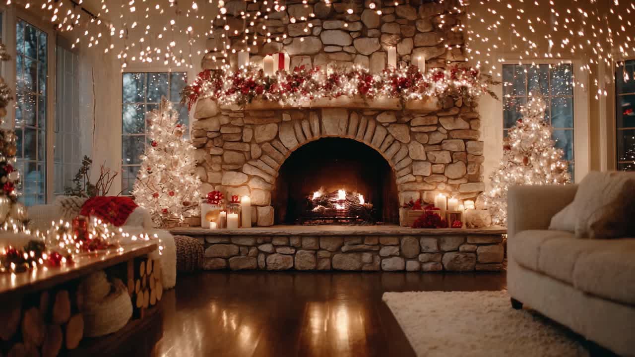 A Magical Winter Wonderland: Cozy Living Room Decorated for Christmas with Glittering Lights, Festive Trees, and a Warm, Inviting Fireplace