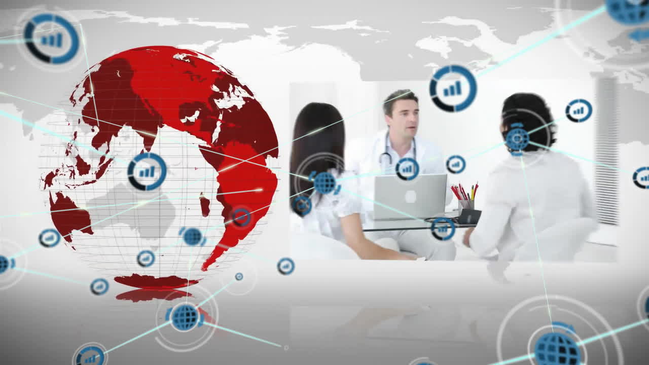Animation of network of connections with icons over world map and digital screens