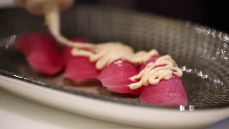 a chief puts sauce on a plate, close up shot, insert shot