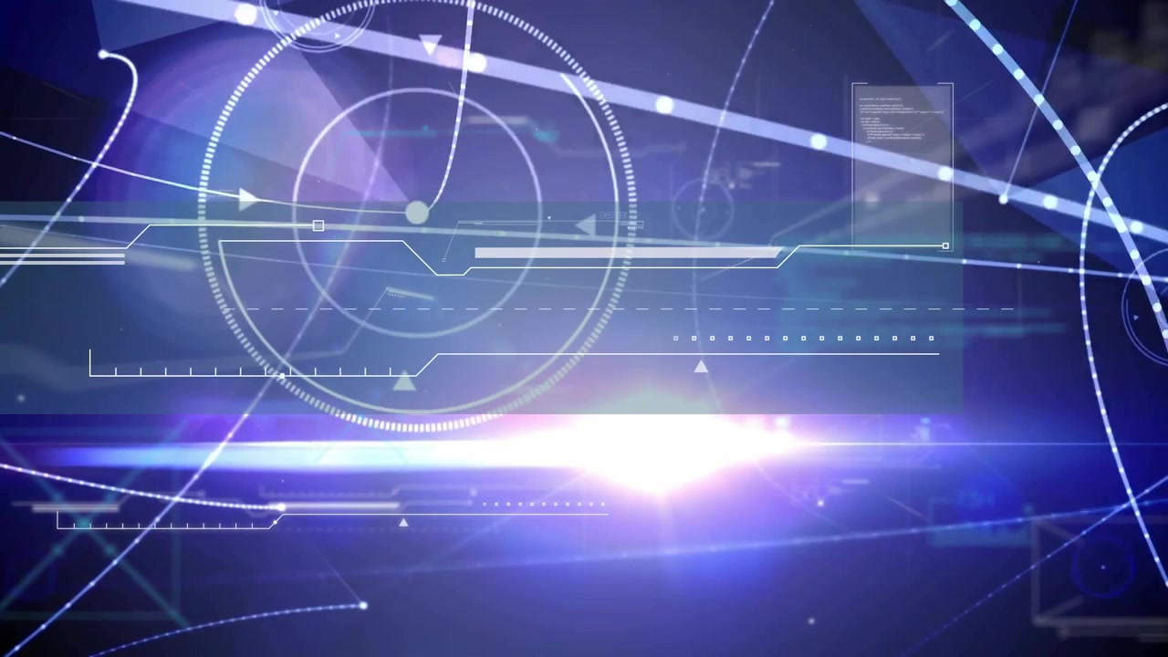 Puntos golpeando conectores de paneles luminosos, trazando formas, HUD apareciendo y formando una interfaz futurista.