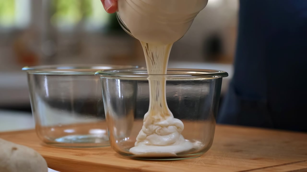 Scena di cucina in primo piano con una mano che versa panna densa da un piccolo barattolo in un contenitore di vetro trasparente su un tagliere di legno, luce diurna soffusa, texture liscia, toni caldi e semplice preparazione casalinga