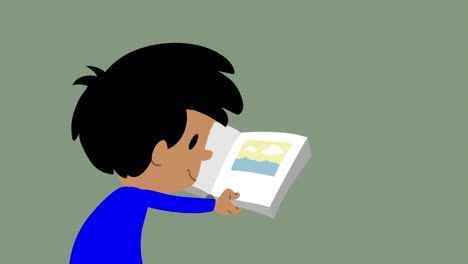 Animation-Eines-Kleinen-Jungen,-Der-Ein-Buch-Liest,-Das-Zum-Leben-Erwacht,-Wenn-Wasser-Den-Raum-Füllt
