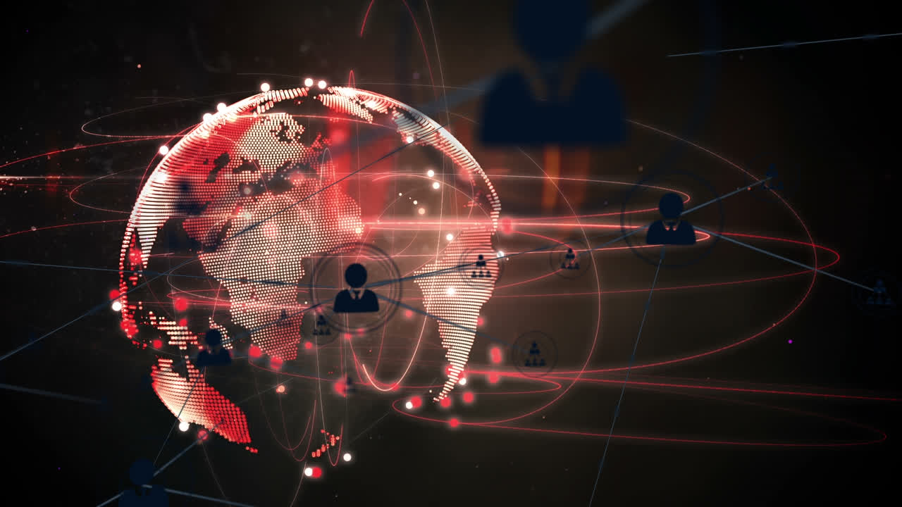 검은 바탕에 전 세계에 있는 아이콘으로 연결된 네트워크의 애니메이션