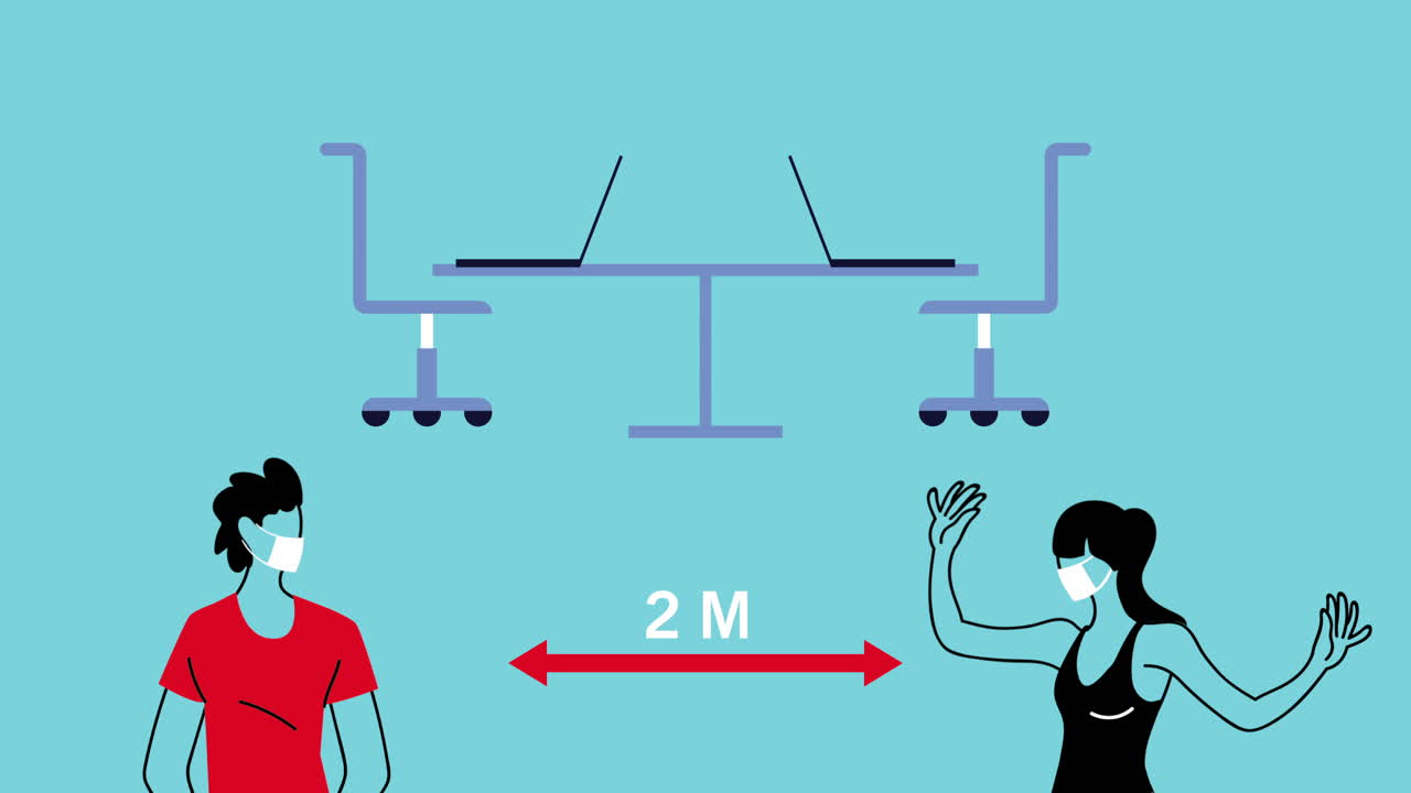 비즈니스 커플은 covid-19에 대한 의료 마스크를 착용하고 사무실에서 사회적 거리를 유지합니다.