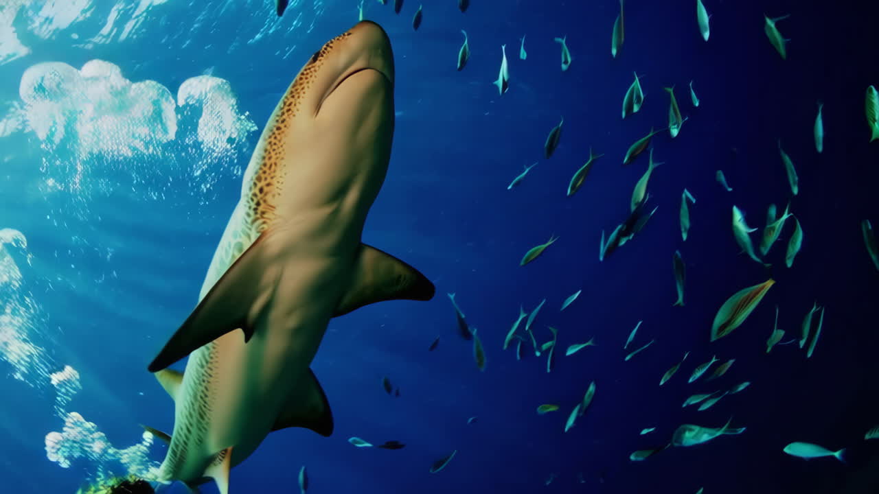 상어 와 함께 물  에서 수영 하는 여자